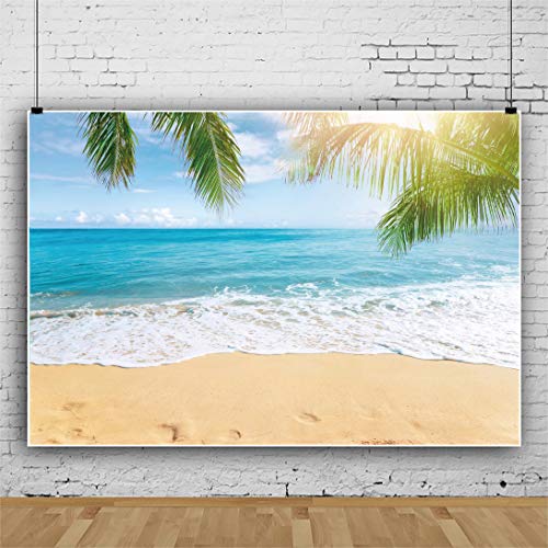 5x3ft Sea Beach Backdrop Seaside Sand Beach Sea Wave Tropical Palm Leaf Photography Backdrops for Photo Shoots Holiday Party Adult Personal Portrait Photo Background Studio Props - size: 5x3ft