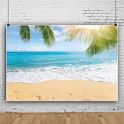 5x3ft Sea Beach Backdrop Seaside Sand Beach Sea Wave Tropical Palm Leaf Photography Backdrops for Photo Shoots Holiday Party Adult Personal Portrait Photo Background Studio Props - size: 5x3ft