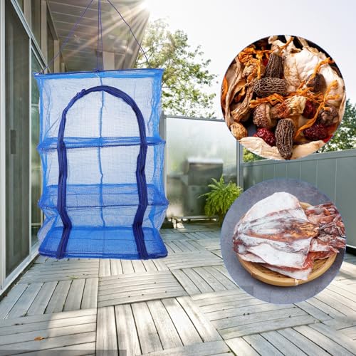 BESPORTBLE Mesh Food Drying Rack Folding Fish Drying Net 4-Layer Hanging Dryer Collapsible Dry Net with Zippers for Shrimp Fish Fruit Vegetables (66X35X35Cm)