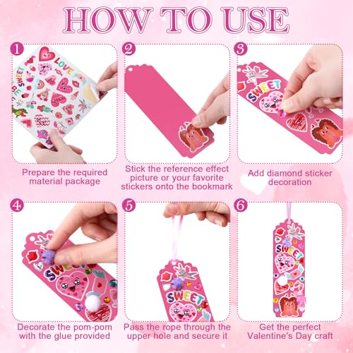 Frienda 48 Sets Valentine DIY Bookmarks Craft Kit Valentine Decorations Art Sets Blank Foam with Smile Face Hearts Owl Alphabets Stickers Pom-poms for Activity Reading Gift Exchange - style: Sweet