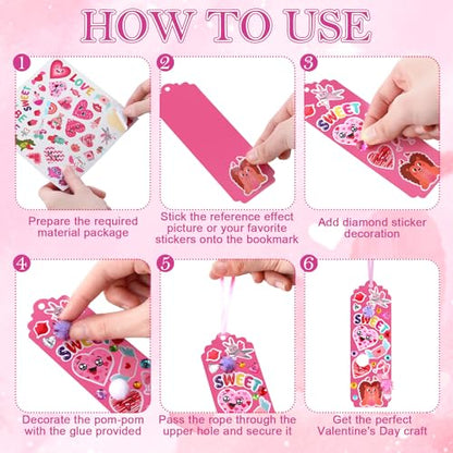 Frienda 48 Sets Valentine DIY Bookmarks Craft Kit Valentine Decorations Art Sets Blank Foam with Smile Face Hearts Owl Alphabets Stickers Pom-poms for Activity Reading Gift Exchange - style: Sweet