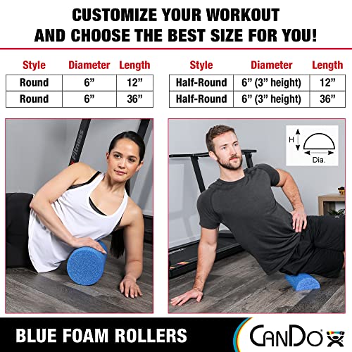 CanDo Blue PE Foam Rollers for Fitness, Exercise Muscle Restoration, Massage Therapy, Sport Recovery and Physical Therapy for Homes, Clinics, and Gyms 6" x 36" Half-Round (Pack of 3) - size: 6" x 36" (Pack of 3)