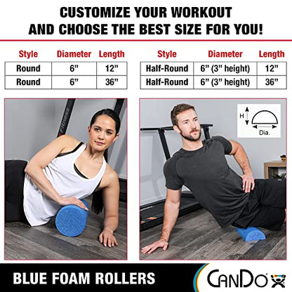 CanDo Blue PE Foam Rollers for Fitness, Exercise Muscle Restoration, Massage Therapy, Sport Recovery and Physical Therapy for Homes, Clinics, and Gyms 6" x 36" Half-Round (Pack of 3) - size: 6" x 36" (Pack of 3)