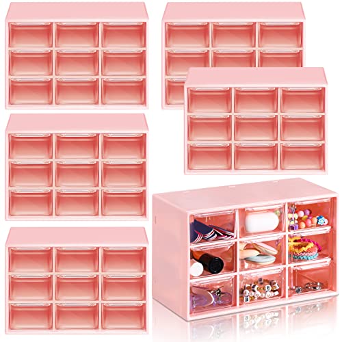 6 Pcs Mini Drawer Organizer Small Organizer with 9 Drawers Plastic Desktop Craft Storage Box for Office Home Room Jewelry Cosmetics Collection(Pink) - color: Pink