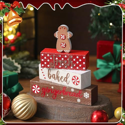 4 Pcs Wooden Christmas Tabletop Decor Gingerbread Man Tiered Tray Decor Christmas Centerpiece Rustic Decorative Block Signs Gift Farmhouse Table Decoration for Home Kitchen - style: Gingerbread