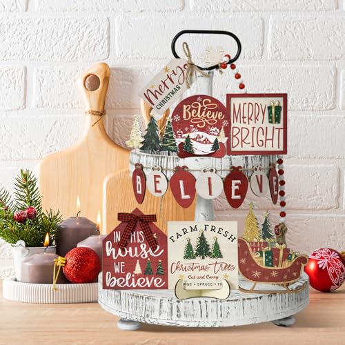 Smile 15 Pcs Christmas Indoor Decor, Wooden Tiered Tray Decor Set Centerpiece, Christmas Tree Tabletop Decoration for Xmas Home - style: Christmas Retro