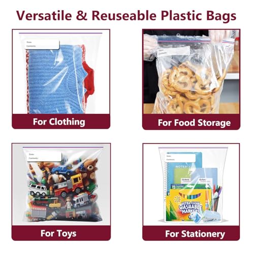 Large Plastic Bags With Zipper Top and Writable White Block, 2 Gallon,13x15in,2-Mil Thick,25 Pack,Storage Bags for Clothes,Travel, Moving, Reusable,Heavy-Duty,BPA-Free, Clear Plastic - size: 13x15in