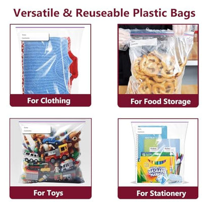 Large Plastic Bags With Zipper Top and Writable White Block, 2 Gallon,13x15in,2-Mil Thick,25 Pack,Storage Bags for Clothes,Travel, Moving, Reusable,Heavy-Duty,BPA-Free, Clear Plastic - size: 13x15in