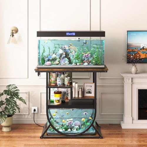 20-29 Gallon Fish Tank Stand with Power Outlet, Metal U Shaped Aquarium Stand with Storage Shelves, Heavy Duty Terrarium Rack for Home Office, 31.5" L x 15.7" W x 29.4" H, Rustic Brown
