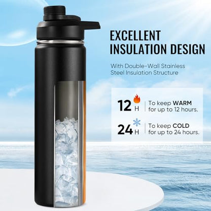 Fijinhom 24 oz Insulated Water Bottle with Handle, 304 Stainless Steel Water Bottles with 2 Lids, Double Wall Vacuum Sports Water Cup with Straw, BPA Free, Keep Cold and Hot, Black - color: 2 Lids - Black, size: 24 Ounces
