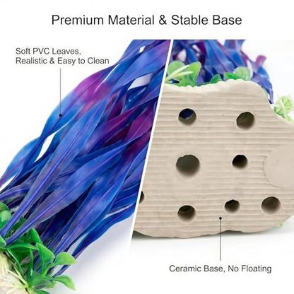 2 Pack 14.2 Inch Seaweed Purple Plastic Artificial Aquarium Plants with Ceramic Base for Indoor Aquarium - color: Purple
