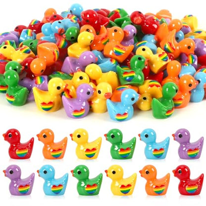 100 Pcs Mini Pride Ducks, Rainbow Resin Duck Figurines Tiny Animals Miniature for Pride Month Decorations DIY Party Favors Stocking Stuffers Aquarium Dollhouse Accessories