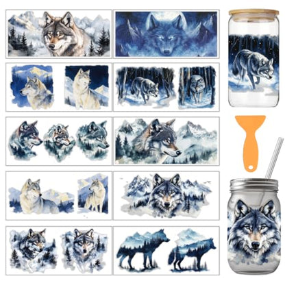 arricraft 10 Pcs Wolf Theme Cup Printing UV Transfer Papers, 10 Styles Watercolor Wolf and Snowy Mountains PVC DIY Heat Transfer Stickers for 16 OZ Glass Cups Crafts 9.5x4.3inch - style: Wolf Theme