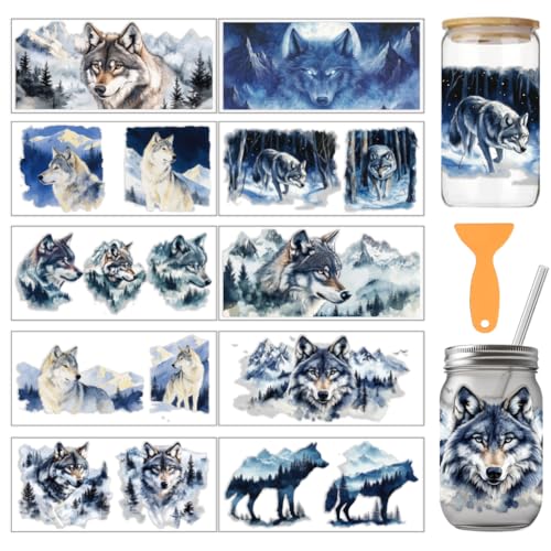 arricraft 10 Pcs Wolf Theme Cup Printing UV Transfer Papers, 10 Styles Watercolor Wolf and Snowy Mountains PVC DIY Heat Transfer Stickers for 16 OZ Glass Cups Crafts 9.5x4.3inch - style: Wolf Theme