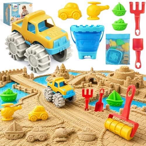 TOY Life Transportation Beach Toys for Kids Ages 3-8, Sand Toys Set with Road Roller, Truck, Vehicle Sand Molds, Collapsible Silicone Bucket, Sand Castle Building Kit for Sandbox Toys Play, Travel - color: Transportation Beach Toys with raod roller