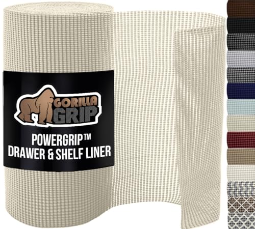 GORILLA GRIP powerGRIP Drawer Shelf and Cabinet Liner, Thick Strong Hold, Non-Adhesive Liners Protect Kitchen Cabinets and Cupboard, Bathroom Drawers, Easy Install, Breathable Mat, 12" x10' Cream - color: Cream, style: 12" x 10'