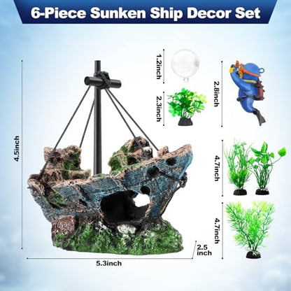 6 Pack Little Diver Floating Fish Tank Decoration，Mini Floating Submarine Aquarium Plants Sunken Ship Decoration — Safe Resin Fish Tank Decor for Betta, Shrimp (5.3 x 2.5 x 4.5 inches) - size: 6 Pcs