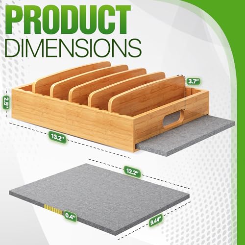 [UPGRADED] Bamboo Lid Organizer with Diatomite Base, Moisture-Absorbing Kitchen Cabinet Organizer for Food Storage Container Lid, Adjustable Pot Lid Holder Bamboo Caddy for Cabinet, Drawer, Countertop