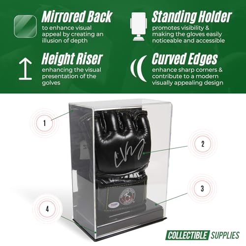 Deluxe Single MMA Fight UFC Glove Display Case with Mirrored Back & Solid Base Stand | Display for Gloves with UV Protection Safe top | Made of Crystal Clear Acrylic