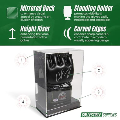 Deluxe Single MMA Fight UFC Glove Display Case with Mirrored Back & Solid Base Stand | Display for Gloves with UV Protection Safe top | Made of Crystal Clear Acrylic