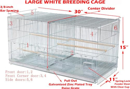 LOT of Large White Stackable Breeder Bird Flight Cage with Removable Center Divider and Breeding Nest Box Doors (White, 30"x11"x15"H Lot of 4)