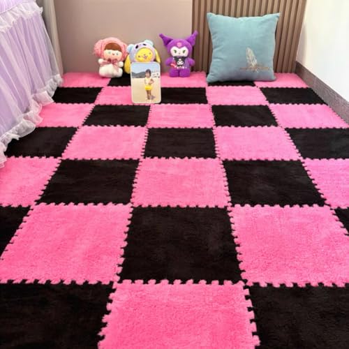 10 Pieces Plush Puzzle Play Mat 12''x12''x0.4'' Interlocking EVA Foam Mats,Shaggy Fluffy Carpet Floor Tiles Non-Slip Protective Floor Area Rug (Rose Black) - color: Rose Black
