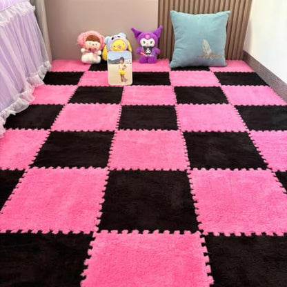 10 Pieces Plush Puzzle Play Mat 12''x12''x0.4'' Interlocking EVA Foam Mats,Shaggy Fluffy Carpet Floor Tiles Non-Slip Protective Floor Area Rug (Rose Black) - color: Rose Black