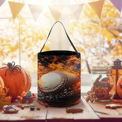 Halloween Trick Or Treat Bags With Handles Collapsible Candy Bucket Reusable Fire Water Baseball Ball Printed Goody Bucket For Holiday Party Gifts - color: Fire Water Baseball Ball