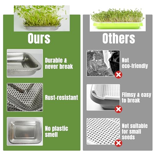 2 Pack Stainless Steel Seed Sprouter Trays, 2-Tier Soil-Free Microgreens Growing Kit, Rust-Free Sprouting Tray with Mesh Pads for Sprouts Beans Alfalfa Wheatgrass (10.6" x 7.9" x 1.9")