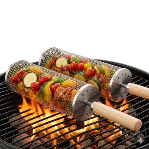 Rolling Grill Basket; 2 PCS; Stainless Steel; Nesting BBQ Tools; Grill Basket for Vegetables, Shrimp, Fish & Meat – Rotating BBQ for Outdoor Cooking and Grilling Accessories
