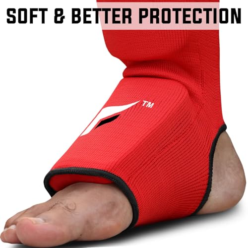 Mytra Fusion Shin Pads Instep Protector Kick Boxing Muay Thai Training Elasticated shin Guards - color: Red, size: Small-Medium