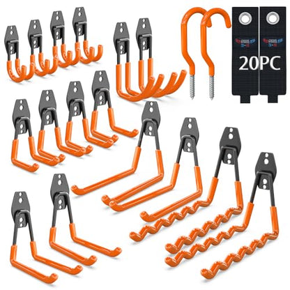 3-H Heavy Duty Garage Wall Hooks 20 Pack, Anti-Slip PVC Coating Wall Mount Garage Storage Utility Hooks, Heavy Load Organizer for Ladders, Yard Tools, Shovel, Weed Eater, Hoses & Bulk Items,Orange | Multi-Purpose Garage Hooks to Organize Garden Lawn Tools