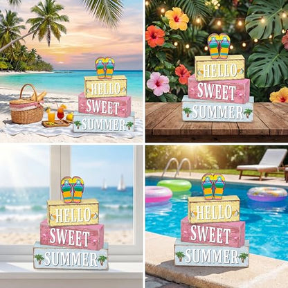 4 Pcs Summer Flip Flop Wooden Table Decorations Hello Summer Centerpiece Tiered Tray Decor Beach Farmhouse Blocks Table Top Sign for Home - style: Summer