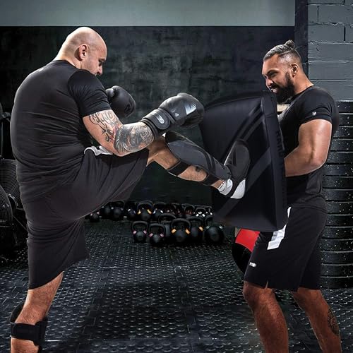 Kick Shield Muay Thai Kick Pads– Leather Thai Pads with Curved Shape for Martial Arts Training Thick Padding Coaching Gear for MMA, Boxing, Fitness Training & Fighting Sports - color: Black