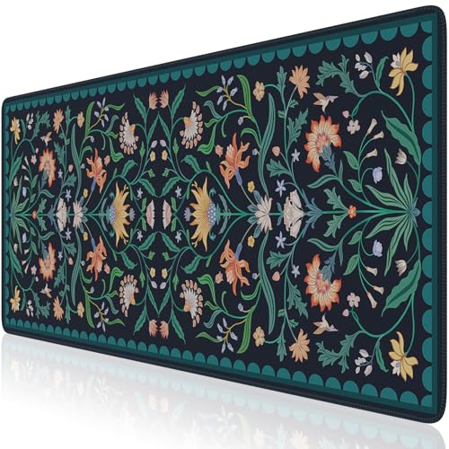 HAOCOO Navy Blue Iris Desk Mat, Large Mouse Pad, Non-Slip Keyboard Mat, Water-Resistant Computer Pad with Edge Stitching, Vintage Floral Desk Cover Mat, Desk Protector for Office, Home - color: Navy Blue