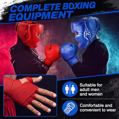 Kanayu 14 Pcs Boxing Gloves and Headgear Set for Beginners Youth 16 Ounce Boxing Gloves Headgear Helmet Hand Wraps Mouth Guards Equipment for Beginners Training Equipment Gifts - color: Red, Blue