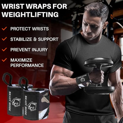 Elastic Cotton Weightlifting Wrist Wraps with Thumb Loops, 1 Pair - color: Black Camo, style: 18" – Arms on Fire