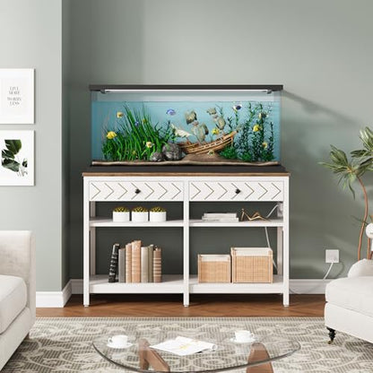 40-50 Gallon Aquarium Stand, Fish Tank Stand with Power Outlets and Drawers, Heavy Duty Metal Reptile Tank Stand for Turtle, 911LBS Capacity, White and Brown (No Aquarium) - color: White and Brown