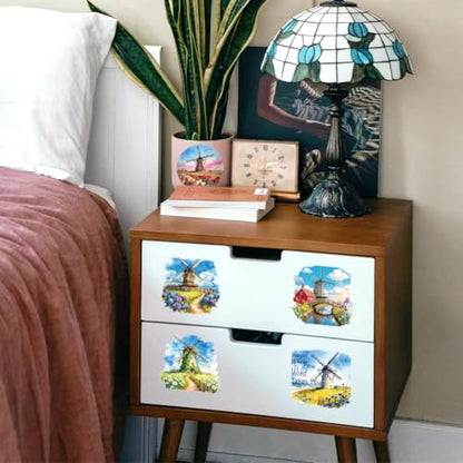 Peacoblue 18 Sheets Rub on Transfers for Crafts, Dutch Windmills and Scenery 3.6"x3.9" UV DTF Cup Wraps Waterproof Rub on Cold Transfers Stickers for Wood Glass Metal Cup Tumblers Mirrors Mugs Decor - style: Dutch Windmills and Scenery