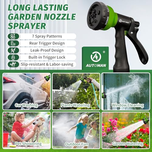 AUTOMAN-Garden-Hose-Nozzle, 2 Pack ABS Water Spray Nozzle with Heavy Duty 7 Adjustable Watering Patterns,Slip Resistant for Watering Plants,Lawn& Garden,Washing Cars,Cleaning,Showering Pets - Green - color: Green ×2