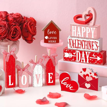 11 Pcs Valentine's Day Table Decorations Red Heart Tiered Tray Decor Love Centerpiece Pink Wooden Books Home Table Top Decor for Wedding Party Supplies - style: Love