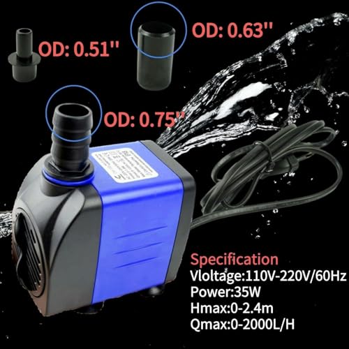 Conquerall CHA-2000 2000L/H AC 110V 520GPH Submersible Pump 35W 7.87ft Tall with 1.8m Power Cord for Aquariums, Ponds, Pump Hydroponics, Hydroponics Systems, Waterfalls and Marine Water - size: 520GPH-35W