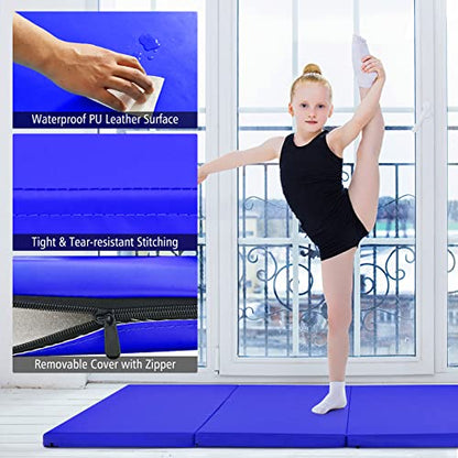 Goplus Gymnastics Mat, Folding Tumbling Mat with Carry Handles, Hook & Loop Fasteners, 4 Panels for Fitness Exercise Yoga Stretching Aerobics Workouts, Thick Gym Mats for Home - color: Navy