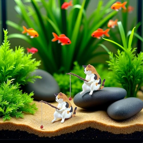 GANPUB 2Pcs Cat Fishing Figurine, Cute Cat Statue Decor, Resin Mini Fish Tank Decorations Craft Sculpture for Aquarium Tanks Desk Yard Pond Indoor Outdoor