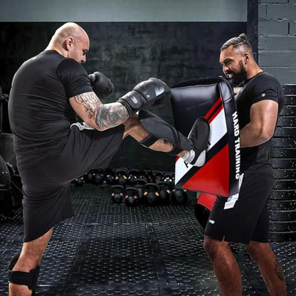 Muay Thai Kick Shield, Leather Kick Pad with Curved Shape & Thick Padding for MMA, Boxing & Martial Arts Training - color: Red