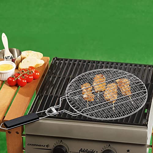 Linkidea Round Portable BBQ Grill Basket, Stainless Steel Fish Grill Rack with Removable Secure Locking Handle, Grill Accessories for Outdoor Grill Vegetables Fishes Shrimp