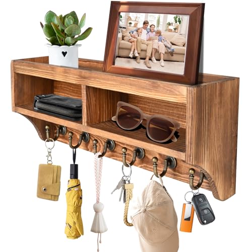 Key Holder Wall Mount with Mail Organizer, 6 Hooks & Shelf, Brown - color: Brown