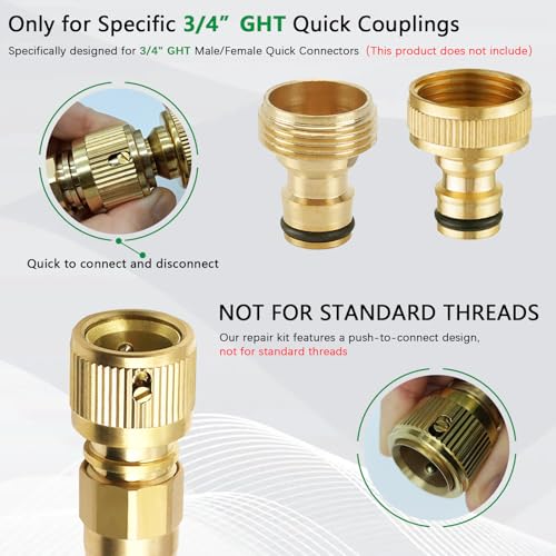 Expandable Hose Repair Kit, Solid Brass Hose End Repair Part for 3/4" GHT Quick Connector, Replacement Fitting for Flexible or Retractable Garden Water Hose, Quick Connector Not Included, 1 Pack