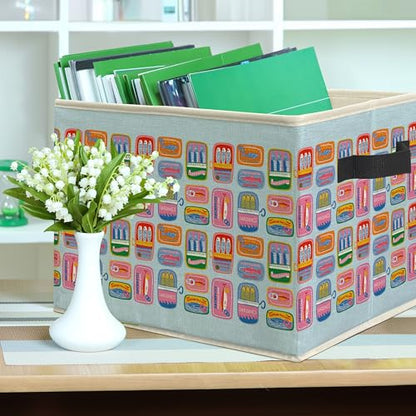 Blue Coastal Beach Sardine Fish Storage Bin Box, Trendy Seafood Ocean Collapsible Storage Basket Organizer for Boys Bedroom Bathroom Beach House Clothes Toys Books, Toybox for Boys