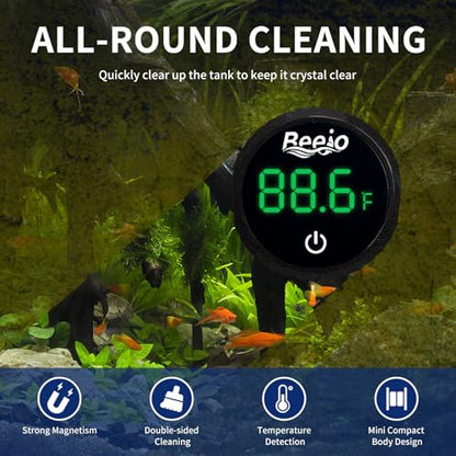 Fish Tank Magnetic Glass Cleaner, Fish Tank Thermometer, 2-in-1 Aquarium Thermometer Digital with Touch Digital Thermometer, Floating Mini Algae Scraper Cleaning Tool Specially for Glass Fish Tanks - color: Black